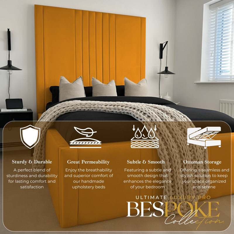 Ottoman Upholstered Bed - Dreamcape Plush Velvet Gas Lift Storage with Headboard, Double (4'6), Mustard