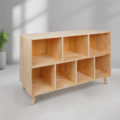 Étagère à livres en pin à 7 compartiments, 114 cm L × 72 cm H, rangement moderne pour livres, jouets et autres articles ménagers