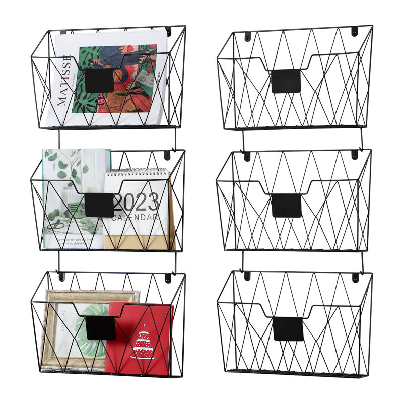 Wall Mounted File Rack For Office With Hooks, Set Of 6, Black