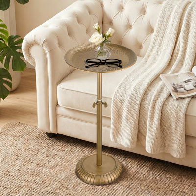 Adjustable-Height Metal Drink Table, Round Pedestal Side Table With Craved Tabletop, Vintage Small Accent Cocktail Martini Tables For Small Spaces, Living Room