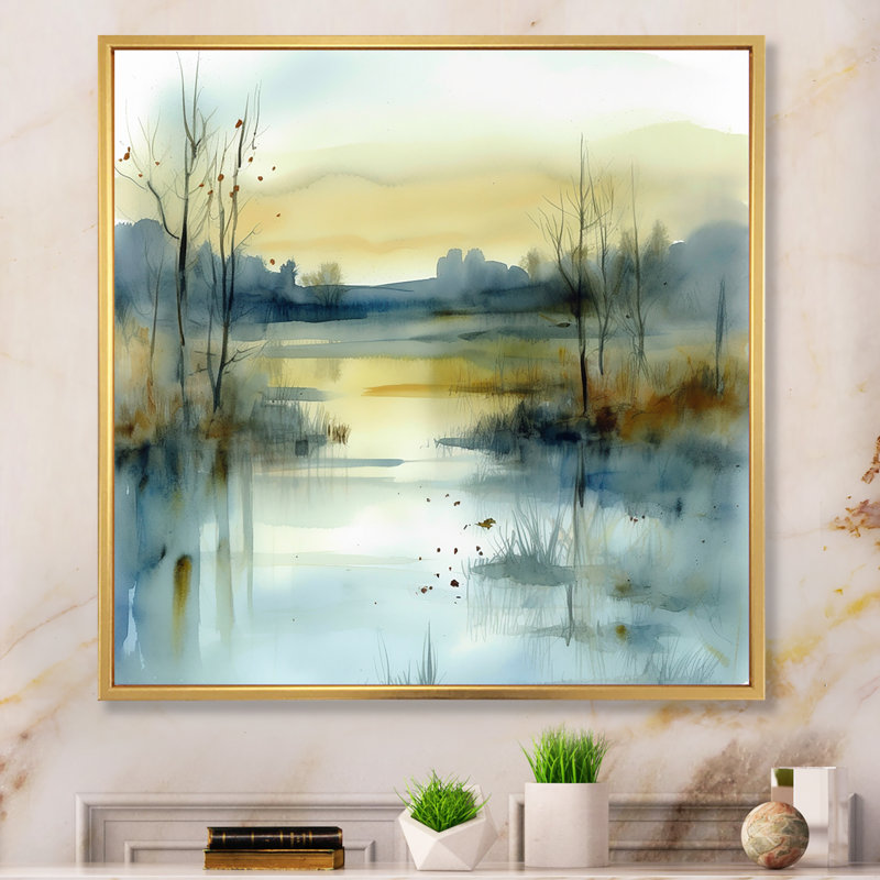 Summer Lake Landscape Illustration III, reproduction d'art sur toile, H 30 po x l 30 po x P 1 po, Cadre flottant doré