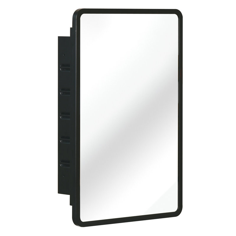 Armoire à miroir avec cadre en métal noir 16 x 24 pouces - fixation murale ou encastrée pour la salle de bain 3 tablettes réglables, cloisons en verre trempé, surface antirouille, style classique et surface de 1 cm d'épaisseur