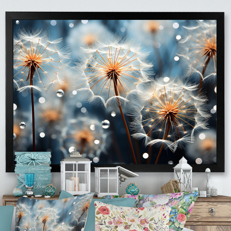 " White Teal Dandelion Symphony III ", Cadre simple noir, H 30 po x l 40 po x P 1,5 po