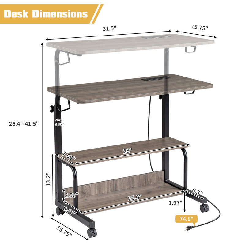 Rolling & Height Adjustable Computer Desk Laptop Table Side Table End Table With With Charging Station, 2 USB Ports, Gray