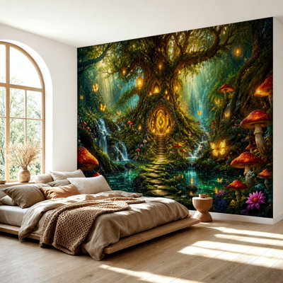 Papier peint adhésif peler et coller forêt cascades d'arbres incandescents papillons autocollant amovible papier contact mural pour salon chambre à coucher H 69 po x l 96 po