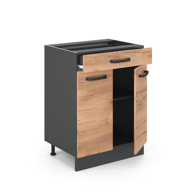 82Cm H x 60Cm W x 46Cm D Oak Base Unit Cabinet, Brown/Grey