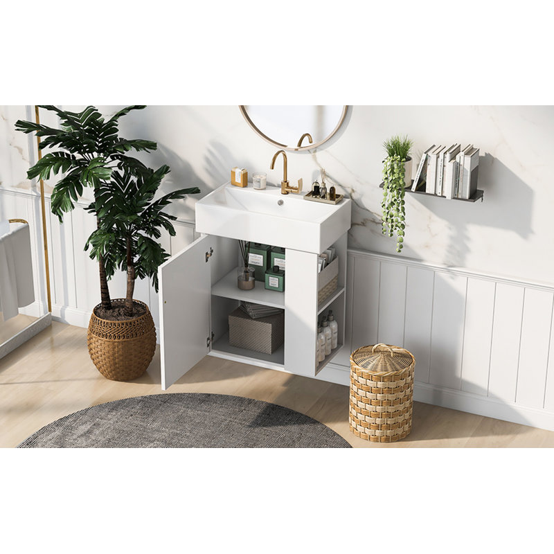 Meuble-lavabo flottant avec lavabo en céramique, Blanc, Doré