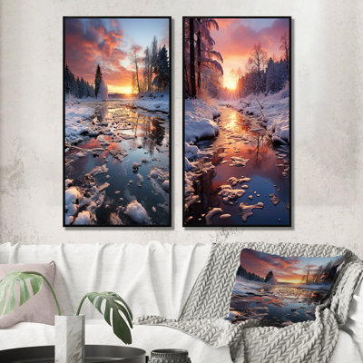 «Winter Sunset Snowfall», 2 pièces sur toile
