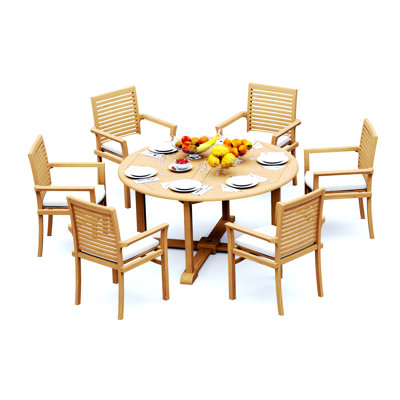 Ensemble de salle à manger 7 pièces en bois de teck de qualité A: table ronde de 60 po et fauteuils empilables # 11MS1206