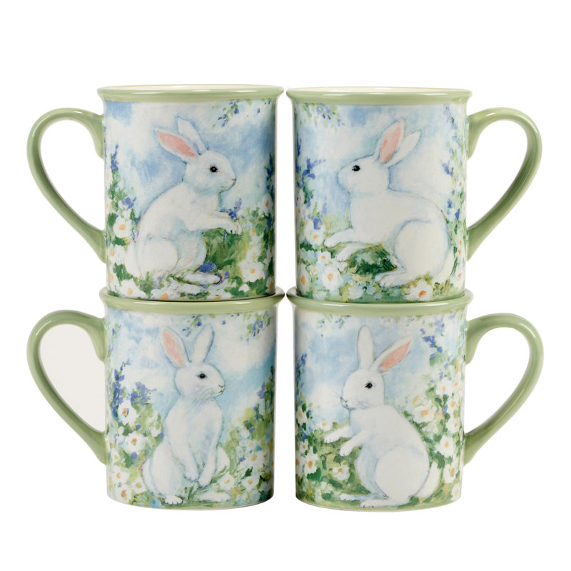 Springtime Bunny Blue Ceramic 18 oz Mugs, Set of 4
