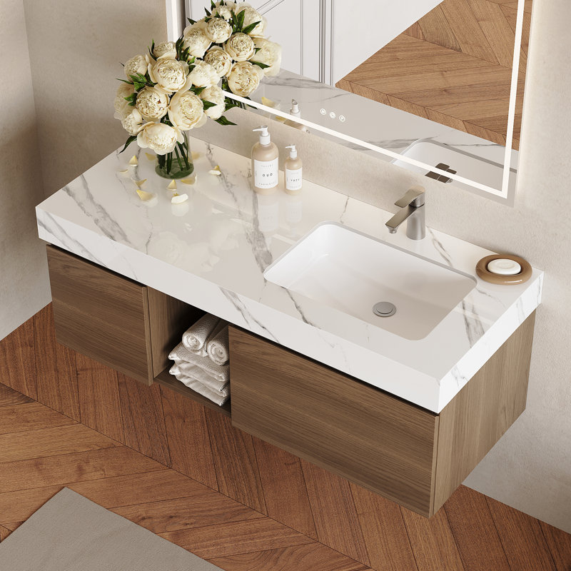 Meuble-lavabo 36 po en noyer avec lavabo, meuble-lavabo simple en bois moderne avec rangement, meuble de salle de bain de conception minimaliste avec drain