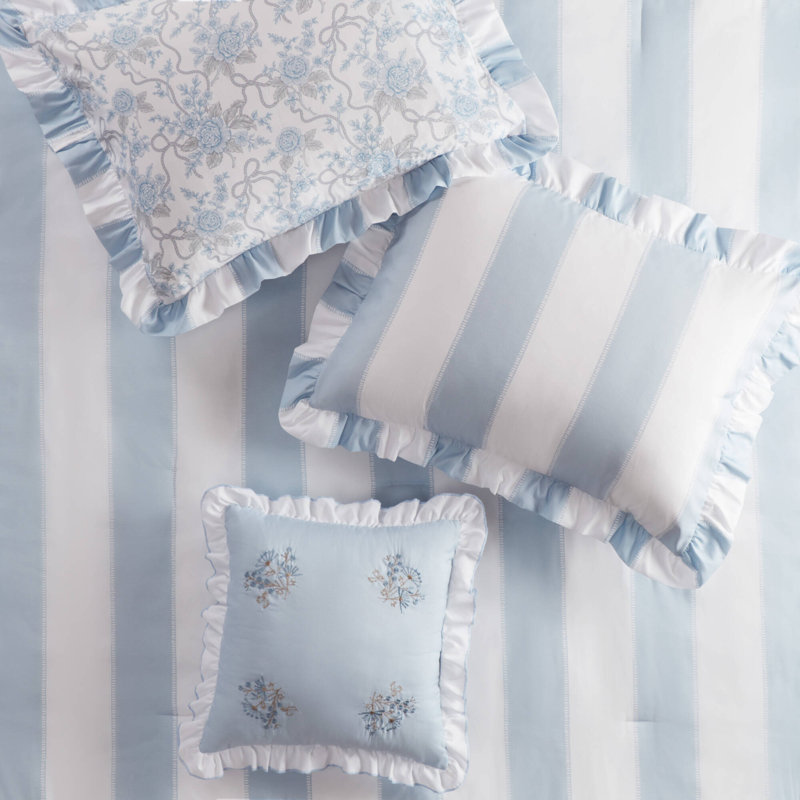 Ensemble de literie pour grand lit double, ensemble de volants en microfibre bleu pour chambre romantique