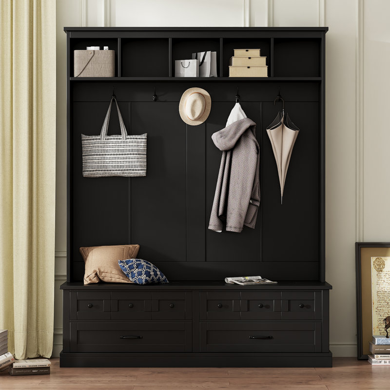 3-In-1 Hall Tree 59" Wide With 5 Hooks And Bench And Drawers, Muti-Functional Entryway Coat Rack, Modern Tall Storage Bench With Handles