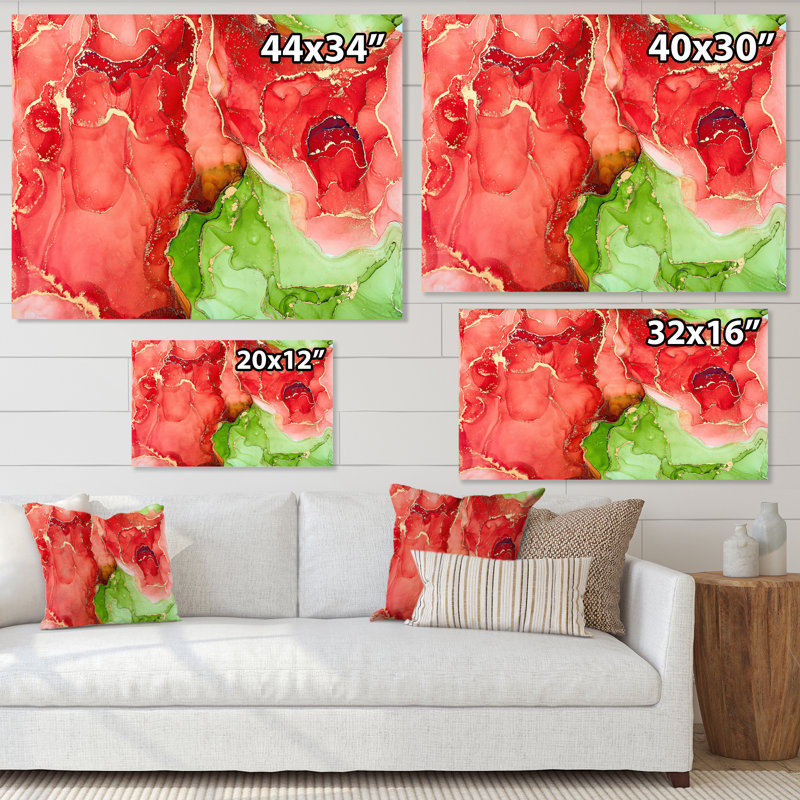 «Red and Green Luxury Abstract Fluid», peinture sur toile, H 34 po x l 44 po x P 1,5 po, Toile tendue