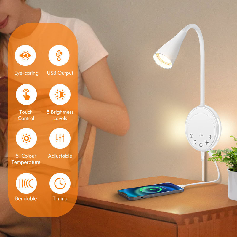 Flexible Gooseneck LED Wall Mounted Bedside Reading Lamp With Touch Control, 5 Dimmable Lights, USB Output, Night Light And Timer, 2-Piece, White