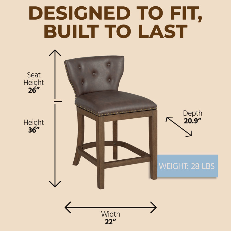  Tabouret de comptoir pivotant 26 po Carlynd, noyer et cuir brun, ensemble de 2, 2