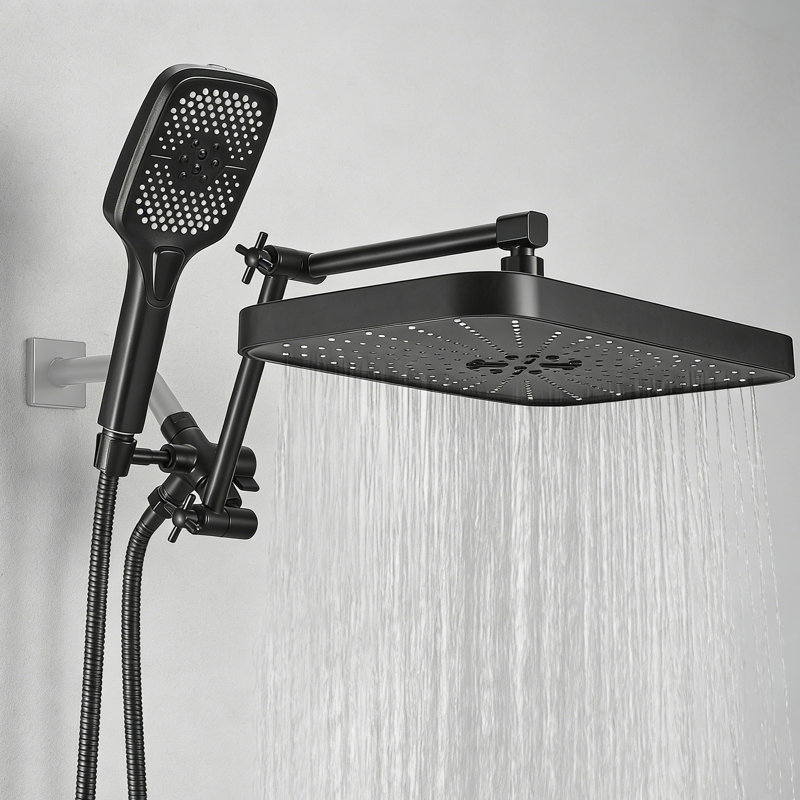 14 Inch Shower Head With Handheld Spray Combo And Extention Arm, Modern Showerhead With 3-Way Diverter, Black