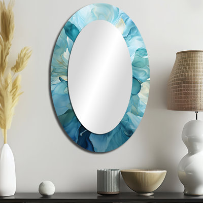 Aqua Blue And White Serenity Swirl IV - Blue Oval Wall Mirror Decor