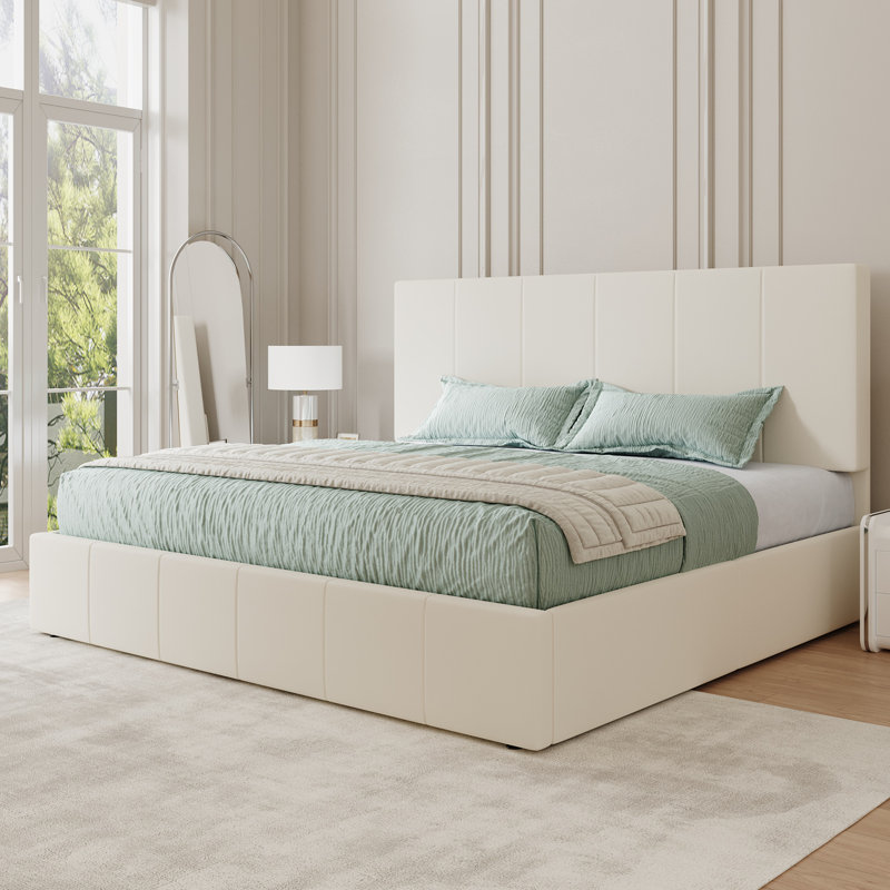 Lit plateforme entièrement rembourré, lit en velours moderne avec tête de lit capitonnée, conception sans poussière, Crème