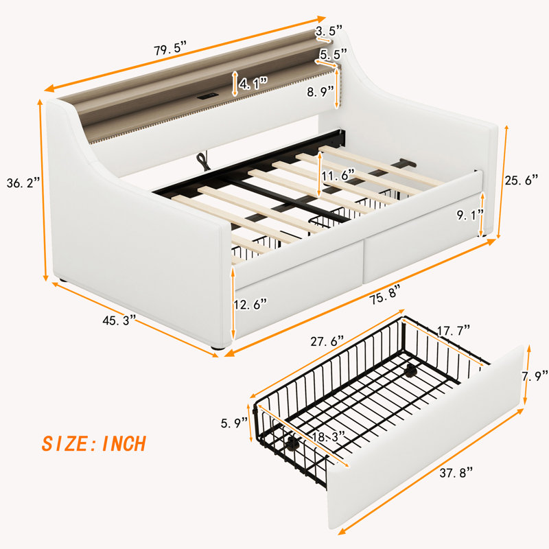 Storage Daybed with Charging Station and LED Lights, White