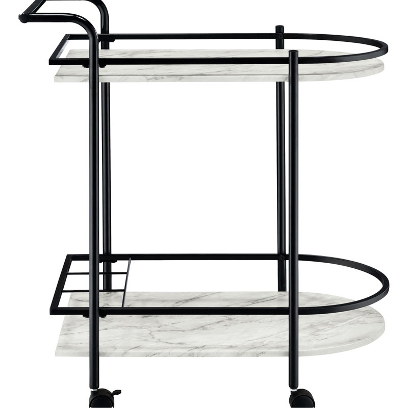 Élégant chariot de service noir avec tablettes en faux marbre blanc et support à vin élégant avec cadre en métal pour le divertissement