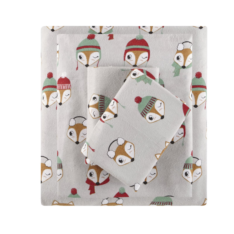 Gray Sloth Print Twin Cotton Flannel Sheet Set