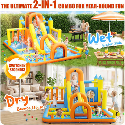 Jeu gonflable avec glissade d'eau pour enfants 3-12, glissade d'eau Mega avec glissade longue, parcours d'obstacles, saut, piscine, cerceau, canon à eau, glissade d'eau dans la cour arrière