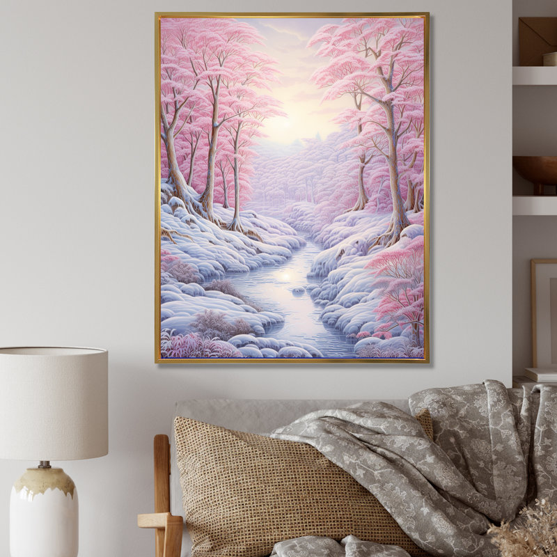 Kawaii paysage rivière d'hiver, H 20 po x l 12 po x P 1 po, Cadre flottant doré