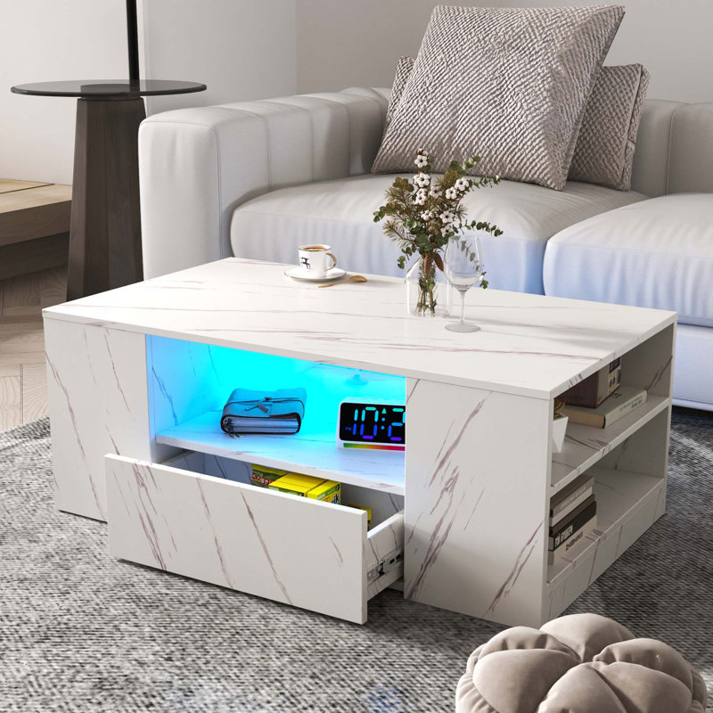 Table basse à DEL 14,57 po avec 2 tiroirs et tablette latérale ouverte, Blanc