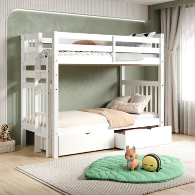 Treva Tall Solid Wood Standard Bunk Beds Twin over Twin, 4 Step Ladder, 2 Under-Bed Drawers, White