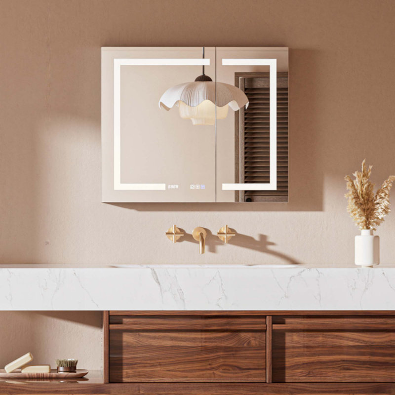 Pharmacie de salle de bain éclairée avec miroir intelligent, intensité variable, affichage de l'heure et de la température, anti-buée, prise intégrée et USB, tablette réglable