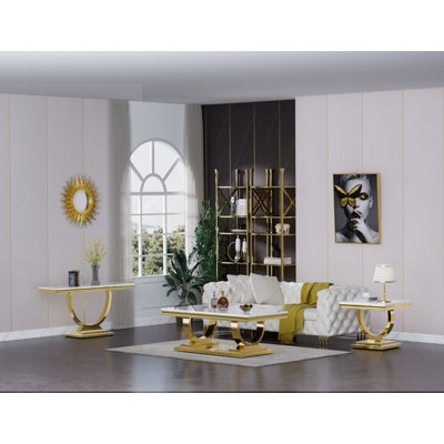 Ensemble de table de salon 4 pièces, table basse en faux marbre blanc avec 1 table d'appoint et 1 console, ensemble de 4 tables basses modernes avec base en acier inoxydable pour le bureau d'appartement