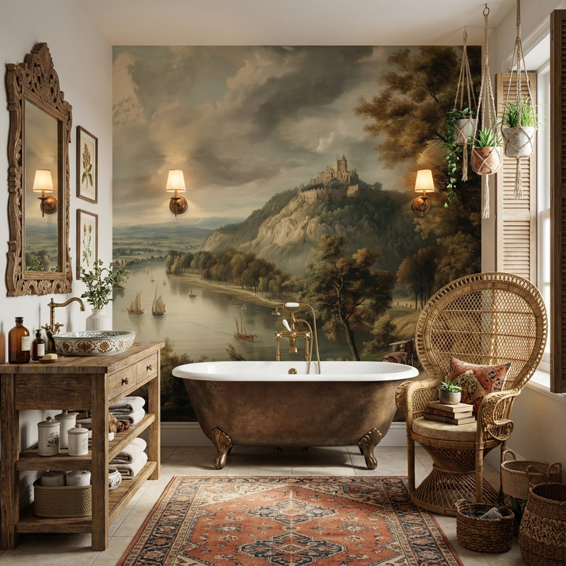 Château, papier peint paysage, rivière, décoration murale traditionnelle, 100 po x 96 po, Peler et coller