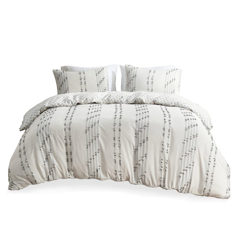 100% Cotton Duvet Cover For Full/queen - And Grey Coloured, Button Closure, Interior Ties, Stripes Reverse, 4 Corner Machine Washable