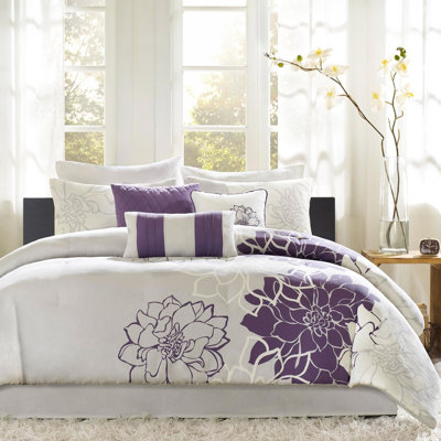 Édredon simple / simple TG avec coussins en coton et satin à imprimé taupe / mauve, jupe de lit 3