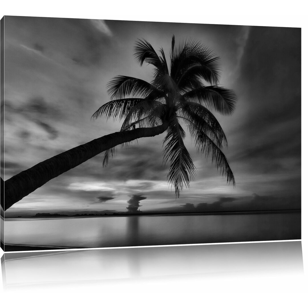 Leinwandbild Palme am Meer mit Sonnenuntergang in Monochrom