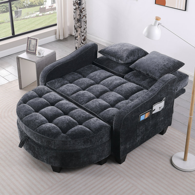 Canapé à deux places avec accoudoirs et dossier irréguliers, rangement pour repose-pieds et deux coussins décoratifs pour le salon et la chambre à coucher - Noir