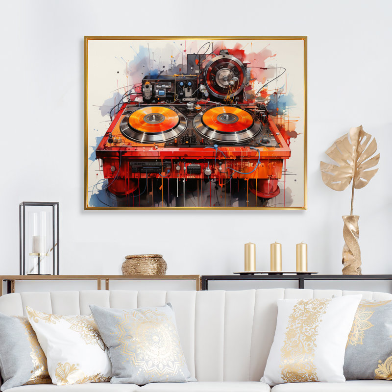 «Abstract Turntables Music Boom Boxes I», reproduction d'art sur toile, H 16 po x l 32 po x P 1 po, Cadre flottant doré