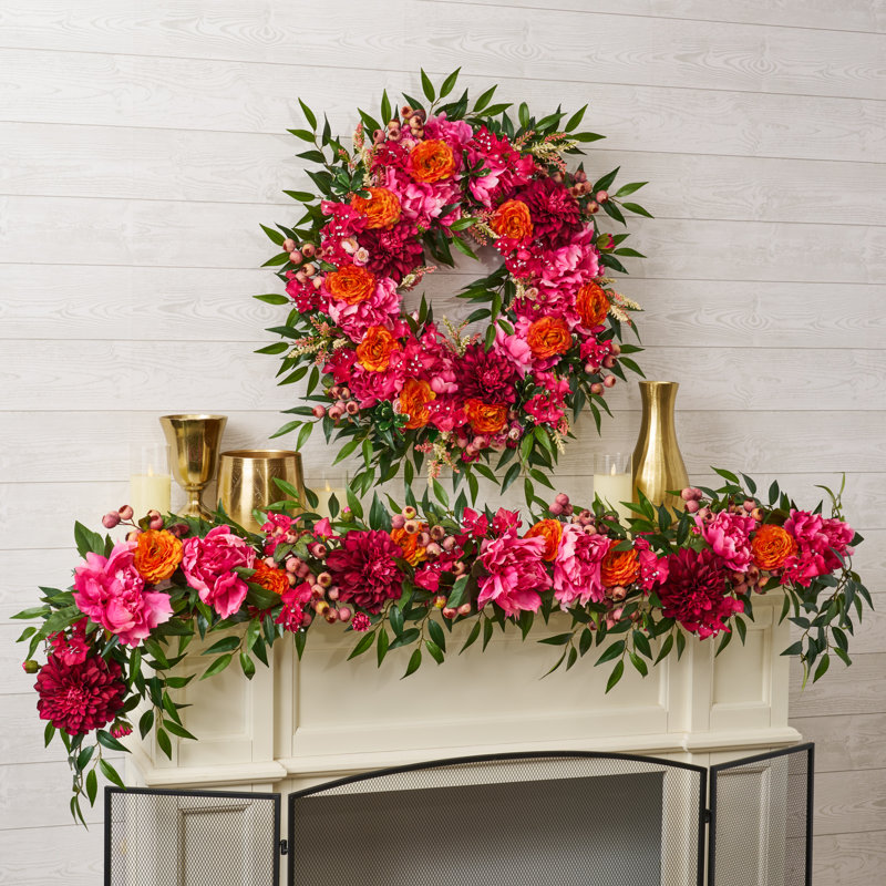 Couronne Dahlia, Bougainvillea et Renoncule printemps été, H 32 po x l 32 po x P 6 po