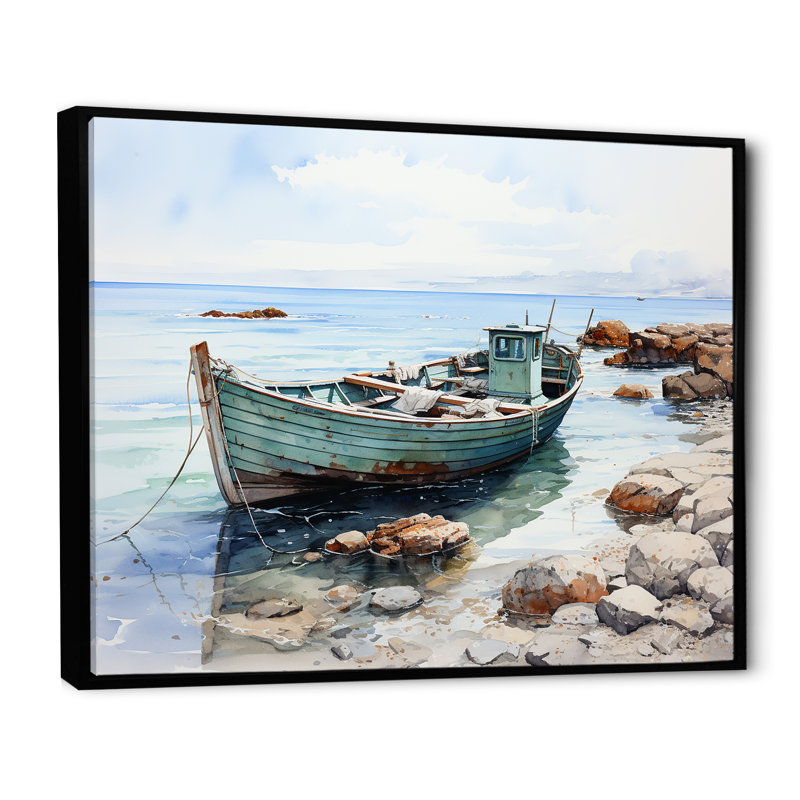 «Fishing Boat At The Beach I», reproduction sur toile, H 16 po x l 32 po x P 1 po, Cadre flottant noir