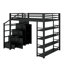 Lit mezzanine double en métal avec tablettes de rangement, armoires et garde-robe