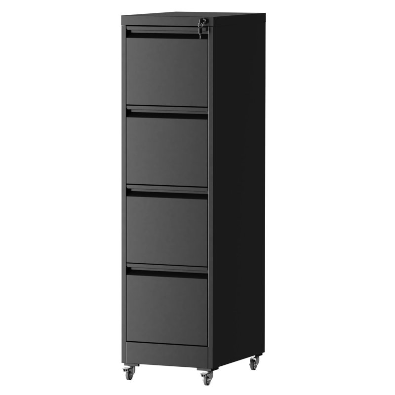 Classeur vertical à 4 tiroirs verrouillables en métal sur roulettes - barre réglable pour différentes tailles, documents de bureau de rangement sécurisés, documents modernes, peu d'entretien, convenant à la maison et à l'organisation