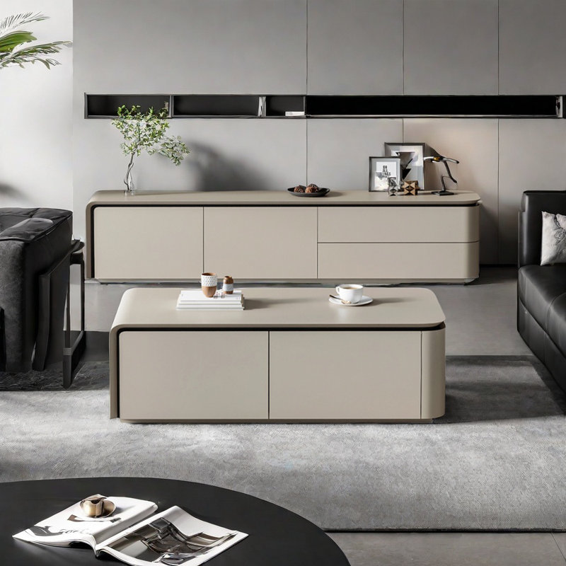 Meuble télé ouvert avec table basse et grand rangement, Gris