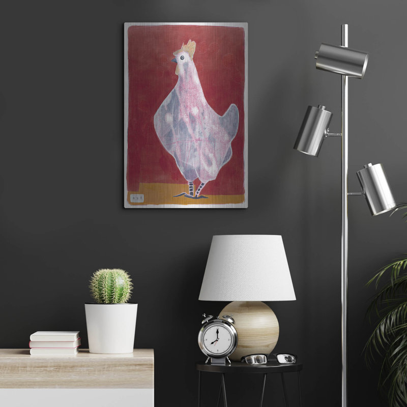 "Poule blanche, fond rouge 3" par Maria Pietri, H 24 po x l 16 po