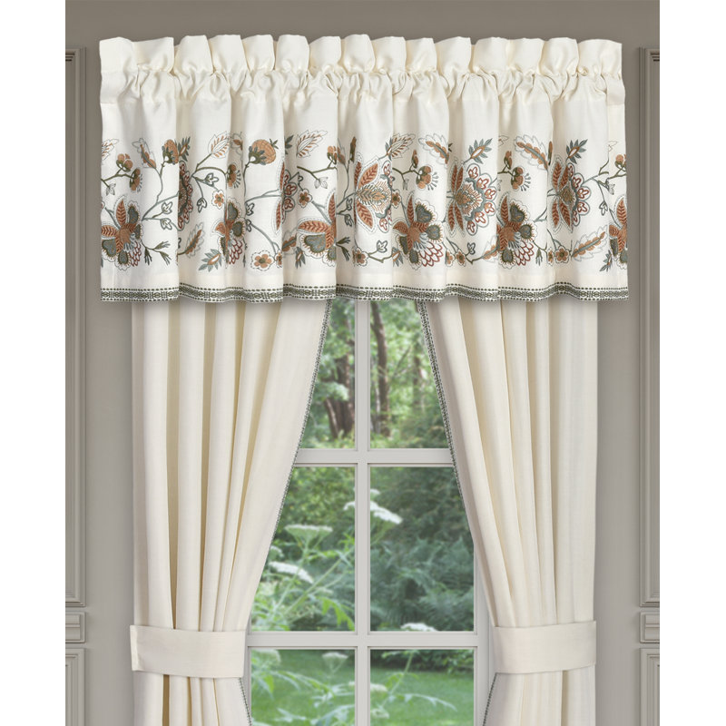 Wide Off-White Embroidered Floral Rod Pocket Valance