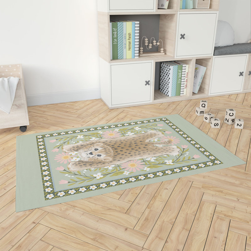 Lil Lying Leopard Flowers Kids Play Mat, Rectangle 4' x 6', Sage