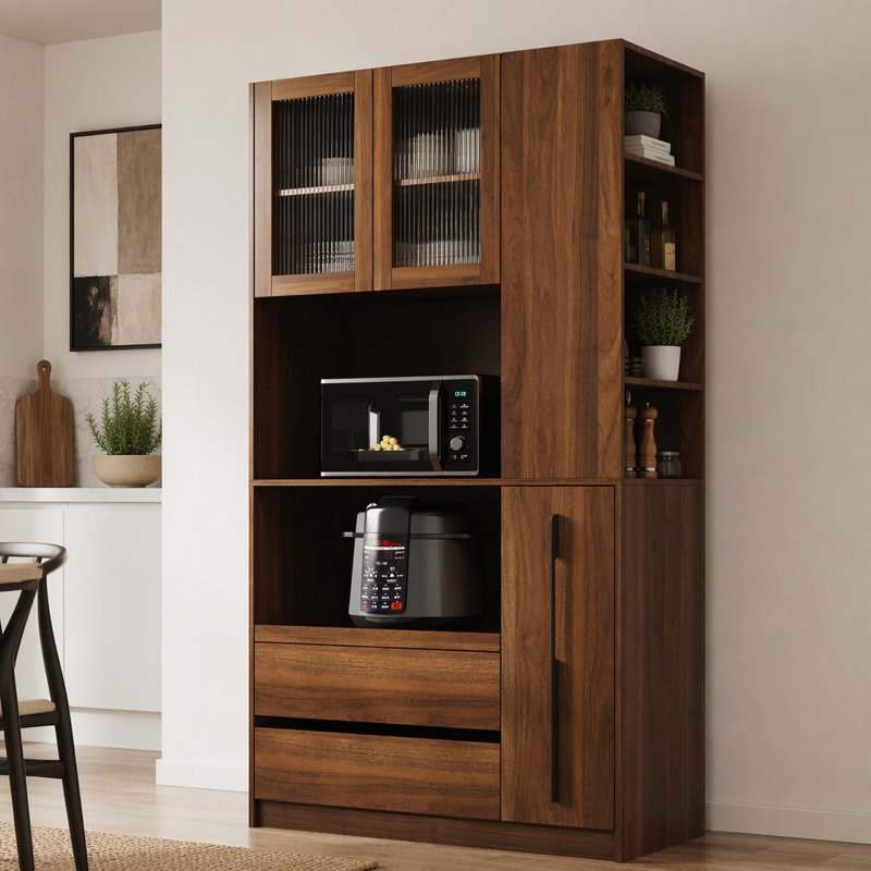 Armoire de cuisine haute avec tablette coulissante, tablette latérale à 4 niveaux et tiroirs