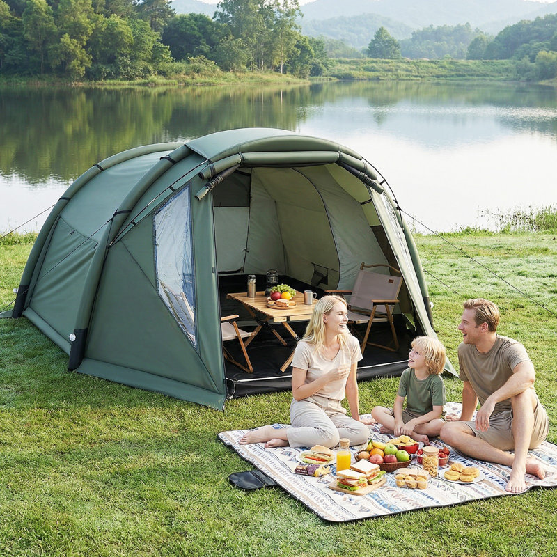 Tente de camping gonflable avec véranda, moustiquaire et fenêtres transparentes, porte