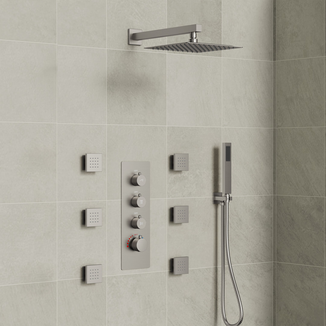 RelaxaJet Thermostatic Shower System, 12" High-Pressure Rainfall Shower Faucet with with Rough-in Valve, Handheld Spray EVERSTEIN 