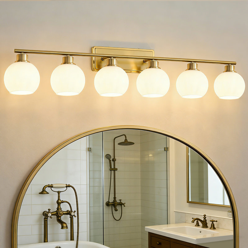 6-Light Gold Bathroom Vanity Light – Opal Globe Shades, Damp Rated, Cri 90+, E26 Base, Dual-Mount Dimmable For Bathroom & Makeup Vanity